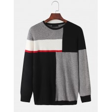 Mens Color Block Patchwork Knit Round Neck Casual Long Sleeve Pullover Sweaters