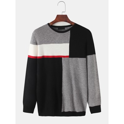 Mens Color Block Patchwork Knit Round Neck Casual Long Sleeve Pullover Sweaters