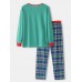 Mens Cartoon Christmas Print Loose Round Neck Plaid Pants Home Pajamas Set