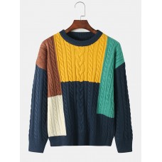 Mens Color Block Knitted Pullover Long Sleeve Sweaters