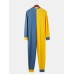 Mens Contrast Color Patchwork Button Up Round Neck Jumpsuit Home Comfy Lounge One  Piece Pajamas