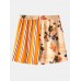 Mens Striped Floral Print Patchwork Drawstring Comfy Causla Shorts