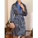 Mens Striped Lapel Double Pocket Robe   Shorts Two Piece Home Cozy Robe Pajama Set With Sashes