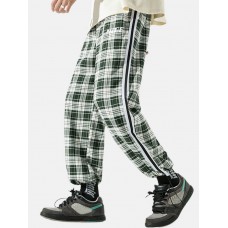 Men Plaid Drawstring Side Ribbon Preppy Pockets Pants