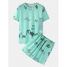 Mens Graffiti Letter Print Light Loose Drawstring Shorts Casual Set