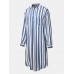 Mens Stripe Print Sleepwear Long Sleeve Chest Pocket Bathrobe Home Robe