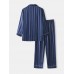 Mens Striped Jacquard Faux Silk Home Revere Collar Loose Lounge Pajama Set