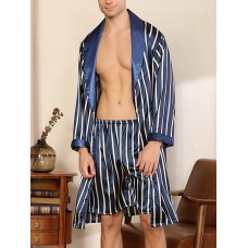 Mens Striped Lapel Double Pocket Robe   Shorts Two Piece Home Cozy Robe Pajama Set With Sashes