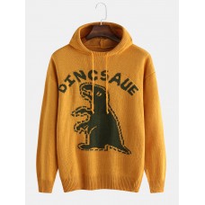 Mens Cartoon Dinosaur Letter Print Casual Loose Knitted Hooded Sweater