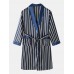 Mens Striped Lapel Double Pocket Robe   Shorts Two Piece Home Cozy Robe Pajama Set With Sashes