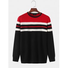 Mens Horizontal Stripe Knit Round Neck Casual Long Sleeve Pullover Sweaters