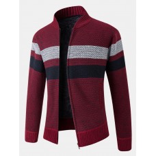 Mens Patchwork Zip Front Rib  Knit Plush Lined Cotton Cardigans With Pocket