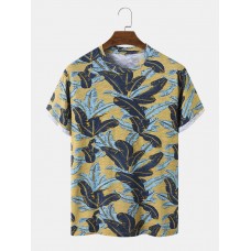 Men Cotton Graphic Leaf Print Hem Cuff O Neck Short Sleeve Casual T  Shirt