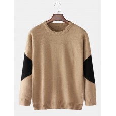 Mens Contrast Patchwork Knit Round Neck Casual Long Sleeve Pullover Sweaters