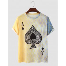 Men Poker Spade Ombre Print Hem Cuff Crew Neck Casual T  Shirt