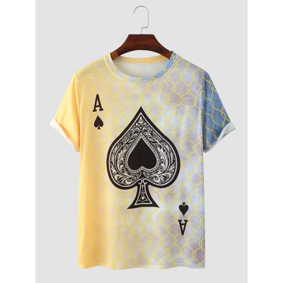 Men Poker Spade Ombre Print Hem Cuff Crew Neck Casual T  Shirt
