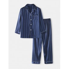 Mens Striped Jacquard Faux Silk Home Revere Collar Loose Lounge Pajama Set