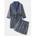 Mens Striped Lapel Double Pocket Robe   Shorts Two Piece Home Cozy Robe Pajama Set With Sashes