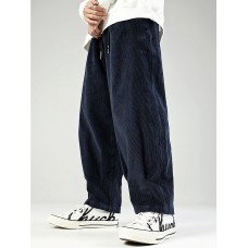 Mens Corduroy Drawstring Casual Wide Leg Pants With Pocket