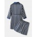 Mens Striped Lapel Double Pocket Robe   Shorts Two Piece Home Cozy Robe Pajama Set With Sashes