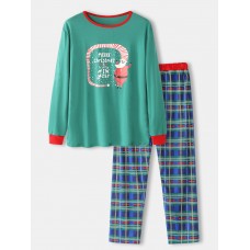 Mens Cartoon Christmas Print Loose Round Neck Plaid Pants Home Pajamas Set