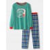 Mens Cartoon Christmas Print Loose Round Neck Plaid Pants Home Pajamas Set