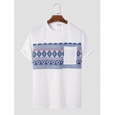 Men Tribal Print Chest Pocket Crew Neck Soft Short Sleeve Casual T  shirts