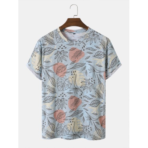 Men Cotton Allover Tropical Print Round Neck Short Sleeve Leisure T  Shirts