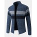 Mens Patchwork Zip Front Rib  Knit Plush Lined Cotton Cardigans With Pocket